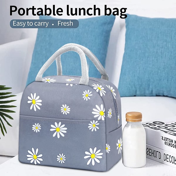 Frokostposer til kvinder - Isoleret frokostkøletaske med frontlomme - Bærbar til mænd, voksne, piger, børn, arbejde, udendørs picnic (grå-marguerit)