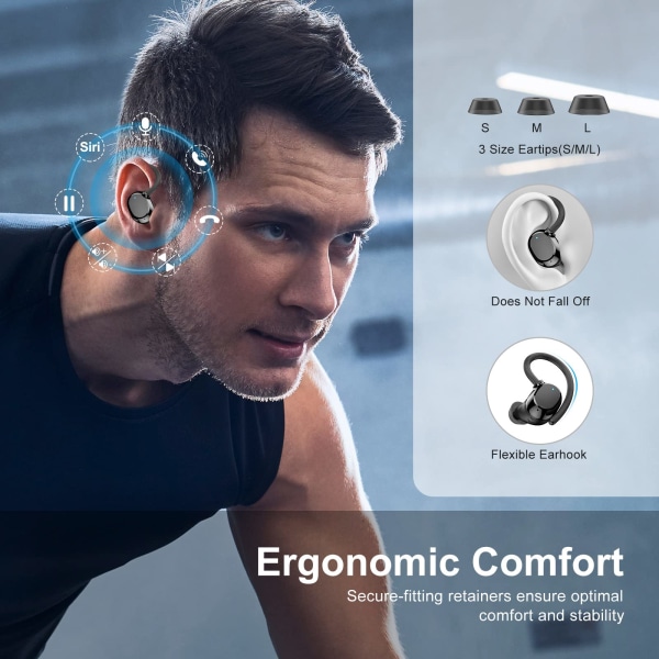 Trådlösa hörlurar, Stereo Sport Bluetooth 5.3 hörlurar med öronkrokar,  brusreducerande, IP7 vattentäta hörlurar Inbyggd mikrofon för löpning 574d  | Fyndiq