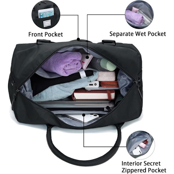 Weekend Bag, Overnattingsbag Carry on Bag Holdalls Reisebag for Kvinner Gym Vanntett Weekender Tote Bag black