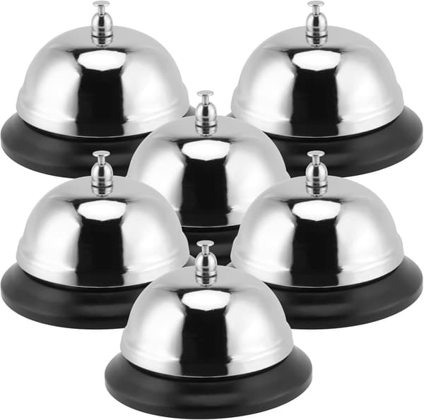 6-pack Mottagningsklockor, Rostfria Serviceklockor, Bordsklocka för Matbeställning, 8,5 x 6 cm