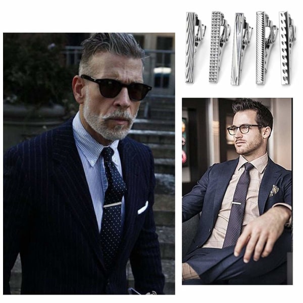 5-pack slipsklämmor för män, snygg koppar slipsklämma set med mönstrad yta, silver kort stil slipsklämmor Business Slips Bar