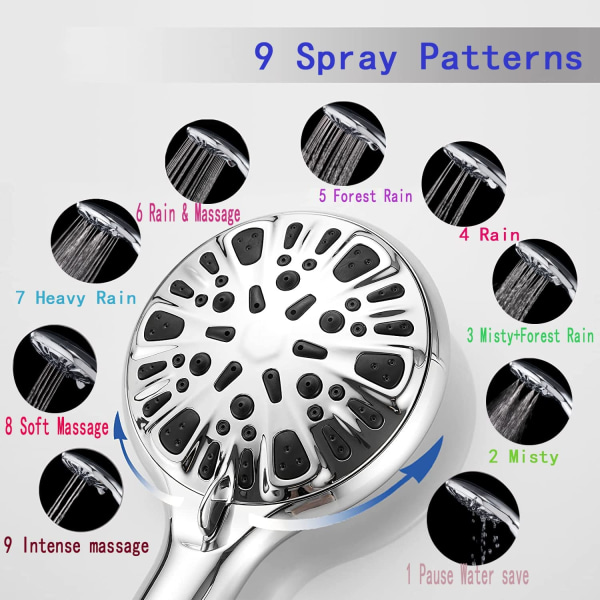 High Pressure Handheld Shower Head 9 Spray Setting