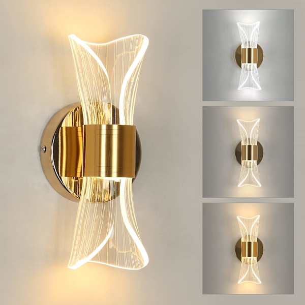 12W LED Vägglampa för Inomhusbruk, Dimbar, 3 Färgtemperaturer, Modern Akryl Metall Guld Vägglampa för Sovrum, Kontor, Hall, Trappa.