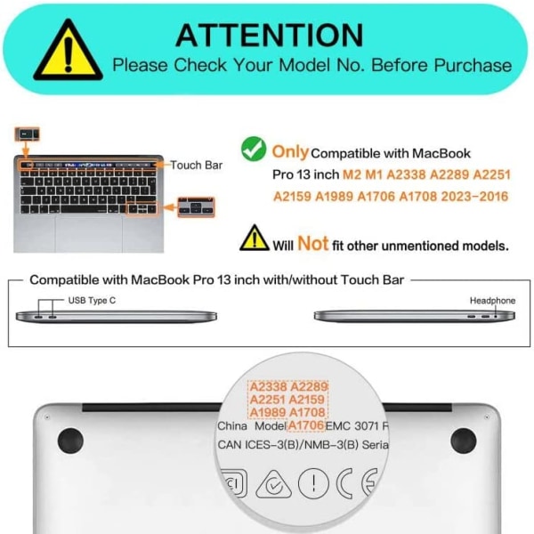 Etui til MacBook Pro 13 tommer A1706 A1708  Krystalklar