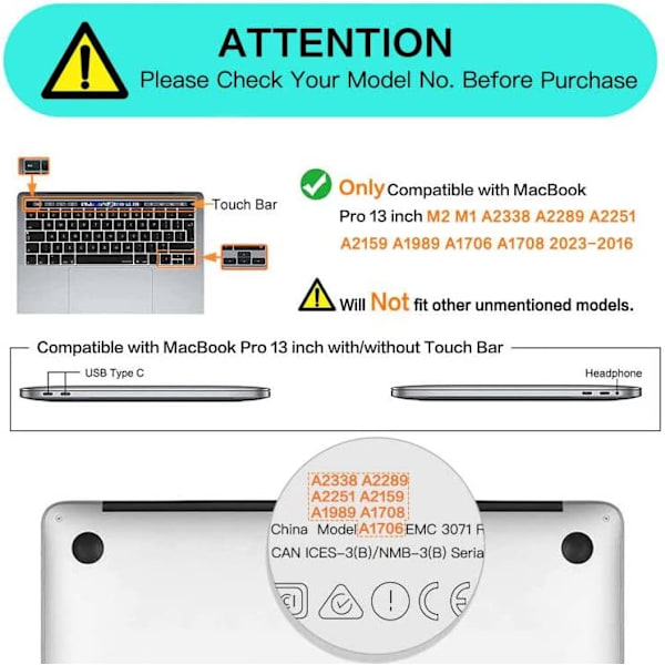 Etui til MacBook Pro 13 tommer A1706 A1708  Krystallklar