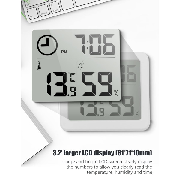 Digital termo-hygrometer 3,2” stor LCD-skärm termometer med temperatur- och fuktighetsmätare med klocka (batteri ingår) (vit)