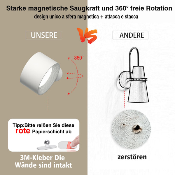 LED indendørs væglampe, væglampe med batteri, 1 stk., berøringskontrol, 3 lysstyrkeniveauer, 360° roterende, til stue, soveværelse, trappe (hvid)