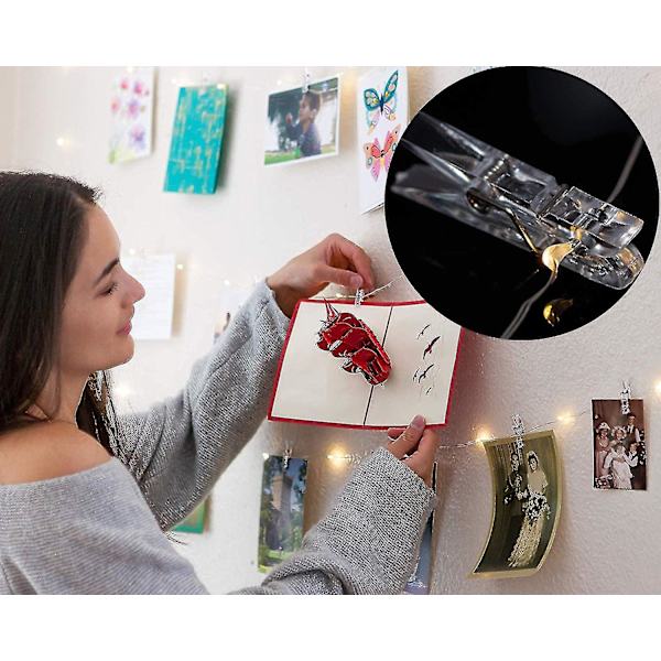 10m 100 LED-lampor med 50 klämmor för foton, varma