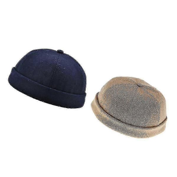 2-pack Herr Docker Hatt Sjömansmössa Mekaniker Bikermössa Skull Beanie Mössa Enkel - 2 st - Ljusbrun+marinblå-