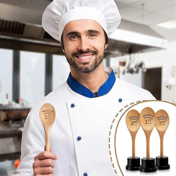 3 Stycken Gyllene Sked Pris Statyetter Set Chili Cook Off Träsked Priser Trä Graverad Med Trofébas Matlagning