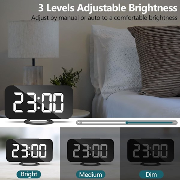 Digitalt vækkeur, vækkeure til sengeborde, ikke-tikkende vækkeur, vækkeur med dæmpbart LED-display, USB-vækkeur til soveværelsesindretning - sort black