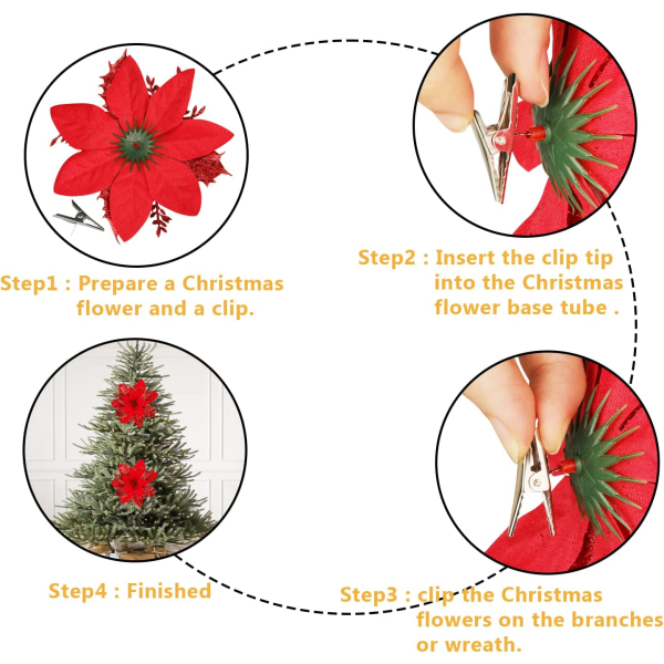 15 stk røde julestjerne kunstige blomster med klips til juletræ