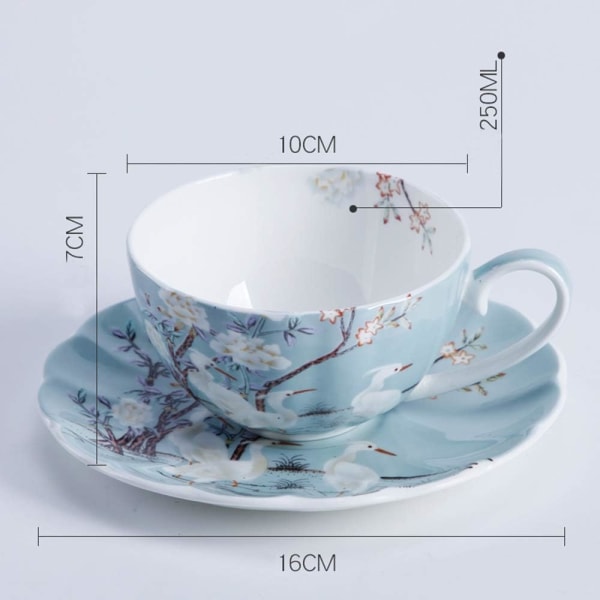 Blue Fine Bone Kina kaffekopp med fat, färgade blommor, vit kran porslin tekopp och fat