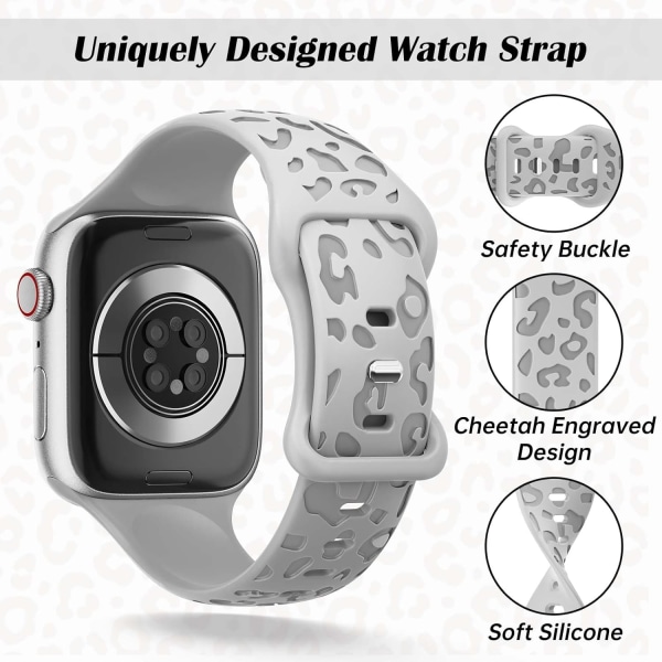 Leopard Print -pehmeä silikoniranneke, joka on yhteensopiva Apple Watch rannekkeiden kanssa 42 mm 44 mm 45 mm 49 mm naiset, miehet, vaihtokellon ranneke iWatch-sarjaan grey 42/44/45/49MM