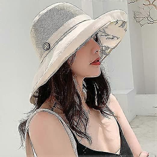 Solhatter i mesh for kvinner - UPF UV-beskyttelse - Sammenleggbar - Bred brem - Hakestropp beige