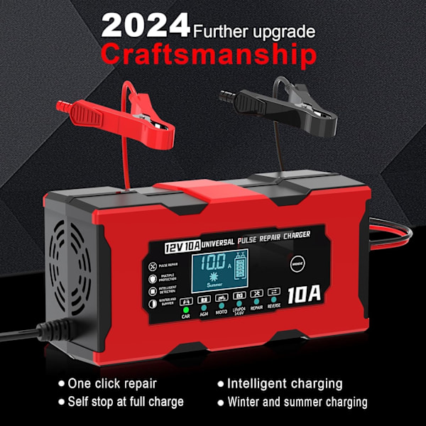 10A 12V LiFePO4 Batteriladdare, Smart Batteriladdare med Automatisk Reparationsfunktion och LCD-Display, Billaddare för Bilar, Motorcyklar, Lastbilar