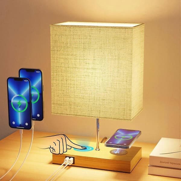 Bordlampe med E27 LED-lampe, skrivebordslampe, trådløs lader, 2 USB