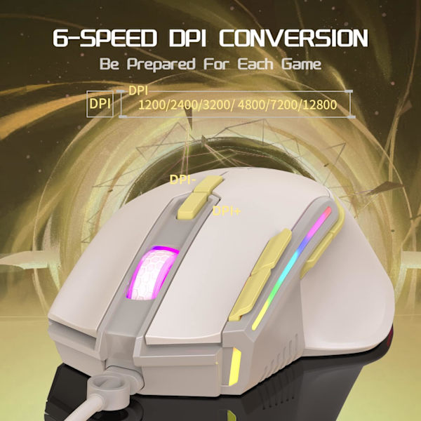 M2 RGB Trådbunden Spelmus, Dator PC Spelmöss USB Esports Mus RGB Bakgrundsbelysning, Justerbar 12800 DPI, 9 Programmerbar Knapp, Ergonomisk Ultralätt yellow