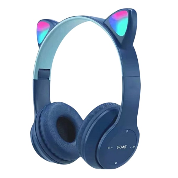 Kattøre Hovedtelefon Trådløs Gaming Headset med Stereo Bass Indbygget Mikrofon & Tilpasset Belysning og Effekt (Mørkeblå) Dark Blue