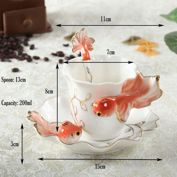 Keramisk tekopp, 3D guldfisk kaffemuggar set, fashion handgjord porslin emalj guldfisk kaffekopp med fat och sked set porslin tekopp orange