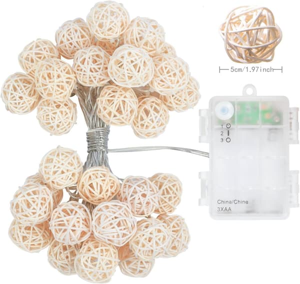 Rattan Ball LED-lyskjede, 20 LED-ball-lys dekorative 5 cm