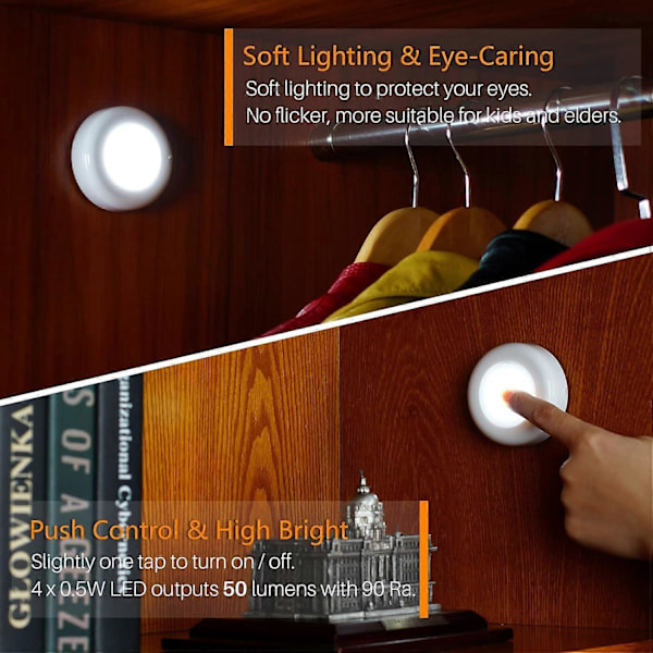 6 st Trycklampa Trycklampor Mini Touch Press Spot Lights Bärbara LED-lampor för inomhusbruk Batteridrivna Pucklampor för underskåp White