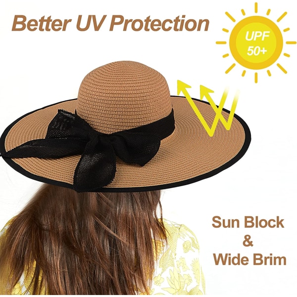 Dame strå solhat, stor bred skygge UPF 50+ (khaki)