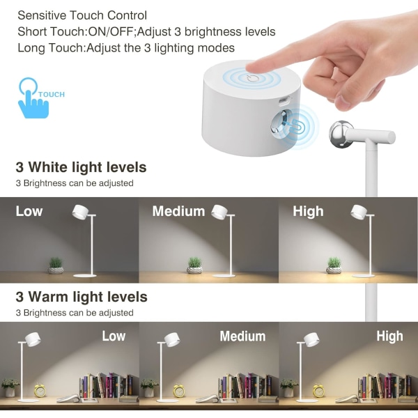 Skrivebordslampe LED, bordlampe oppladbar batteri multifunksjonell nattbordslampe dimbar berøringskontroll varm / hvit fargetemperaturmodus 360° roter white