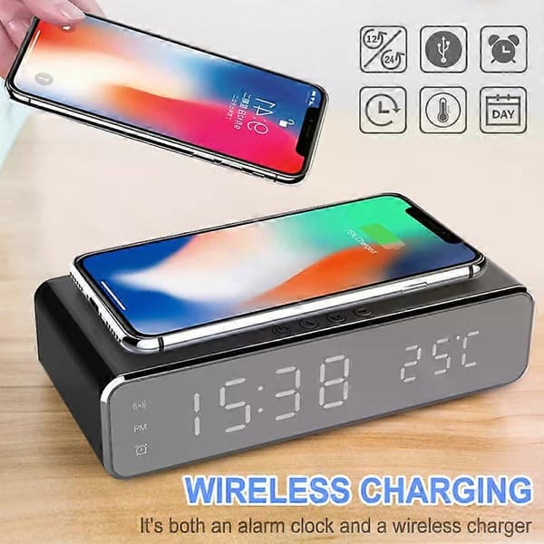 Trådlös Laddare Väckarklocka LED Digital Termometer Hörlursladdare Snabbladdningsdocka För IPhone Samsung