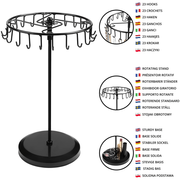 Svart roterande smyckeshållare i metall (23 krokar) - Hängande arrangörstorn - Förvaring för halsband och armband, ringar och örhängen