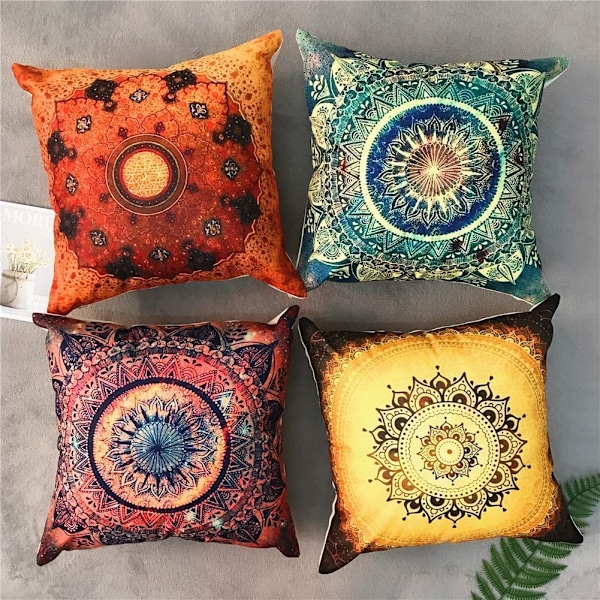 Set med 4 Mandala-kuddfodral, bohemisk dekorativ fyrkantig 18 x 18 tum 45 x 45 cm Boho-kudde