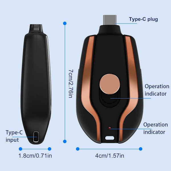 Nøglering Powerbank, 1500mah Mini Powerbank Oplader med Type-C, Holdbar Nøglering Telefonoplader Mini Power Nødoplader Sikker Lille Power