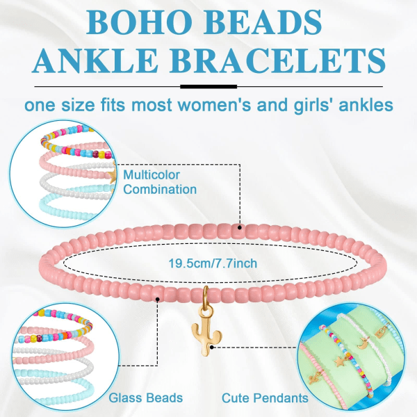 Summer Boho Layered Beaded Anklet, 4 Delar Elastisk Färgglad Bead Armband Kedja Estetiska Bohemian Ankles for Women Beads