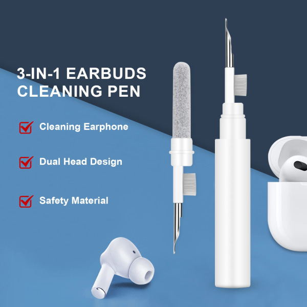 AirPod-rengöringssats, 3-i-1 hörlurar rengöringspenna Multifunktionell bärbar Airpod-rengörare med mjuk borste, svamp, metallspets