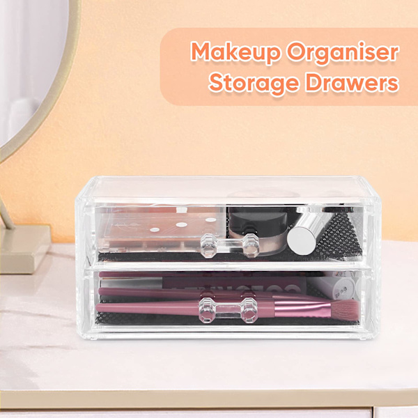 Makeup-arrangør med 2 skuffer, gennemsigtig opbevaringsboks i akryl til makeup, tilbehør, smykker og mere, skuffeetui til toiletbord