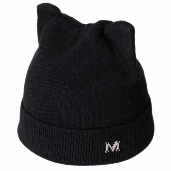 Dam vinter stickad mössa varm mode mössa katt öra mössa black