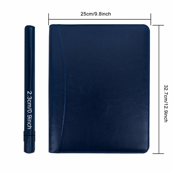Skrivemappe A4 lynlås, udklipsholder forretningsmappe konferencemappe, dokumentmappe læder, portfolio padfolio blå