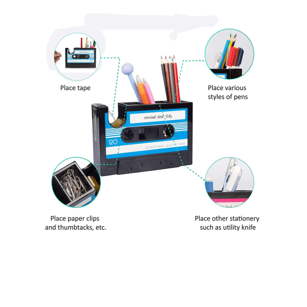 Tape Dispenser with Pen Holder, The Retro Cassette Heat Tape Dispenser, Cute Roll Holder with 1 Roll