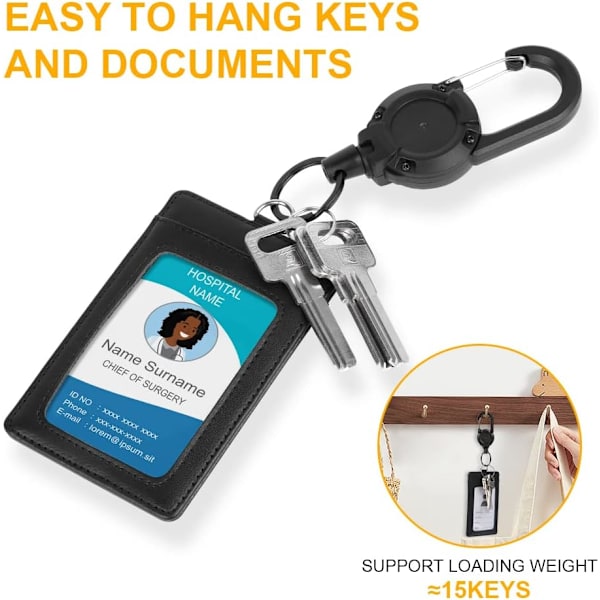 Heavy Duty Retractable Keychain, 2stk Retractable Badge Holder, Retractable ID Badge Reel Heavy Duty Reel Clips Retractable Badge Reels black