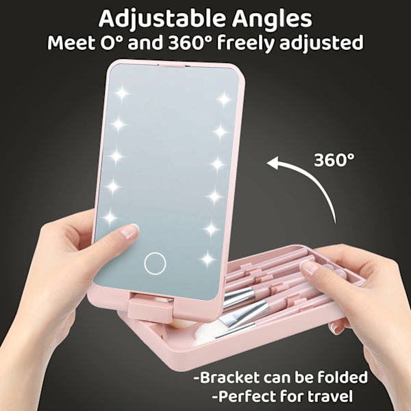 Forfængelighedsspejl med lys, bærbar toiletbord makeup spejl med 12 LED-lys og 5 stk børste 360° justerbar touch screen belyst bord spejl
