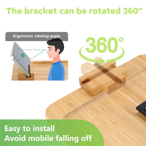 Bambu soffarmsbricka bord med roterande mobilhållare