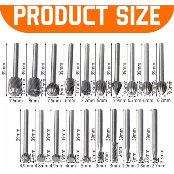 20 HSS roterande fräsbitar - 3 mm skaft - För Dremel - Träfräsningstillbehör - Multiverktyg - Längd: 10 cm / Bredd: 50 mm / Höjd: 1 cm