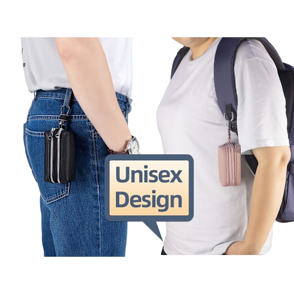 Äkta läder bilnyckel fodral, unisex dubbel dragkedja nyckelring plånbok myntväska väska med metallkrok (svart)