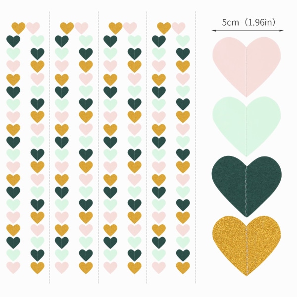Salvia-grön Mint Rosa-Guld Kärlek-Hjärta Garland- Rustik bröllopshängande dekoration Streamer Banner, Alla hjärtans mödrar Da