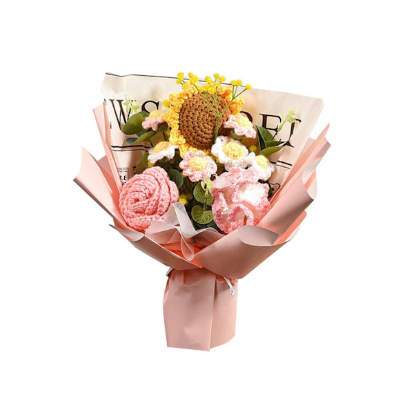 Handgjord stickad bukett virkad bukett konstgjorda blommor stickad solros ros prästkrage färdig produkt evig välsignelse, rosa