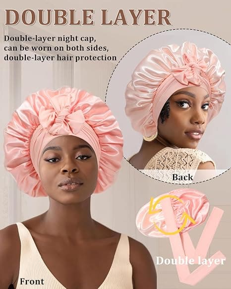 Satin Bonnet för Sömn Kvinnor Dubbellager Hårmössa med 2 st Hårsnoddar Elastiskt Band Nattmössa pink