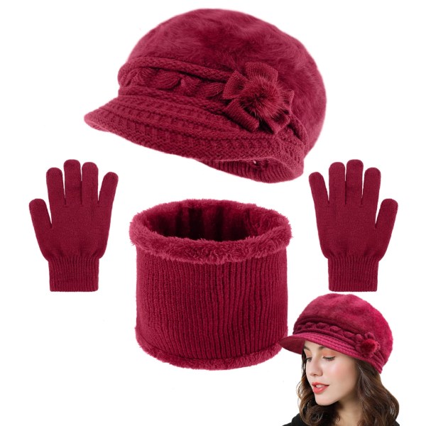 3-osainen hattuhuivi- ja set talven lämpimiä naisia, neulottuja kukkapipopipoja, joissa Visor Fleece -hatut ja kaulanlämmittävä huivi hanskoineen