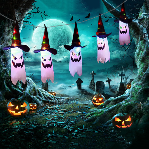 Halloween-dekorationer, 11,5 fot färgglada LED Ghost Halloween-slingor, för hem, fest, trädgård, trädgårdsskräckdekor, batteridriven