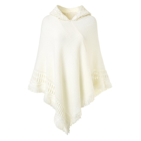 Kvinners hette poncho med heklede kanter, kappe for kvinner laget av strikket materiale med dekorative frynser