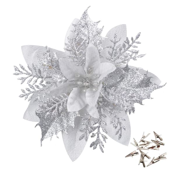 12-pak Glitter Juleblomster (15 cm) med 12 Kunstige Julestjerner til Juletræ